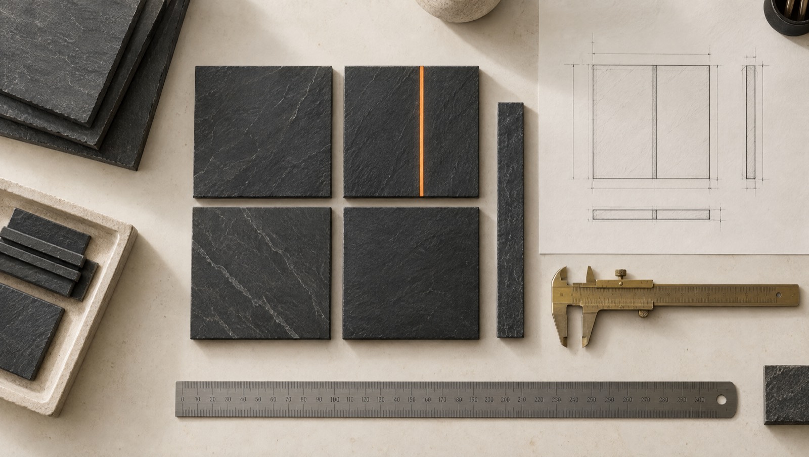 Slate tiles, a caliper, a steel ruler, and a technical drawing laid out on a workbench